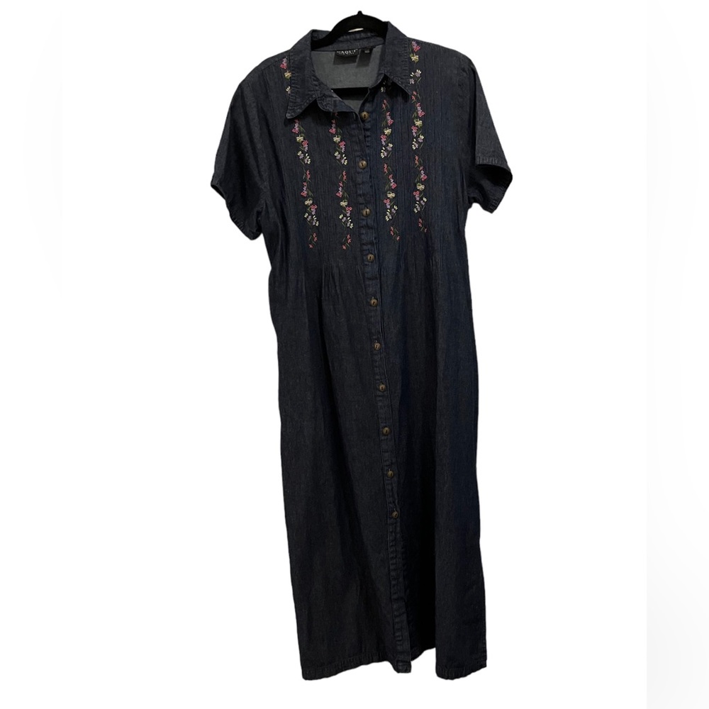 Naqui Women’s L Short Sleeve Dark Wash Denim Maxi Dress, Embroidery, Self Tie